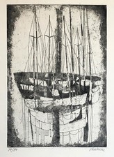 Enrico PAULUCCI "Barche in porto" , 1969 incisione originale firmata