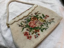 Vintage Petit Needle Point Floral Evening Purse Handbag white beaded 6.5 x 9  