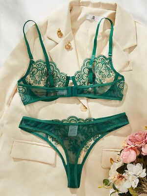 Women Sexy Bra Panty Set Lace Green Mesh Lingerie Floral Intimate See  Through