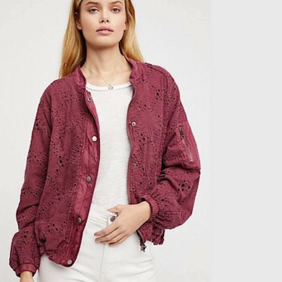 NWT FREE PEOPLE Daisy Jane Embroidered Bomber Jacket Berry Color