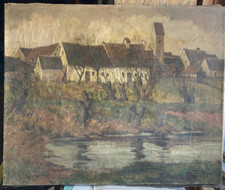 ::ÖLGEMÄLDE ABENDSTIMMUNG WEIHER 1946 UNLESERLICH SIGNIERT ANTIK WEIDEN UFER ÖL