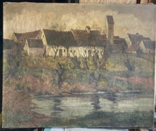 Oil Painting Evening Mood Pond 1946 Illegibly Signed Antique Willows Shore Oil