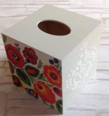 Folk Flowers Tissue Square Box Cover Holder wooden handmade decoupaged - Image 1 of 3