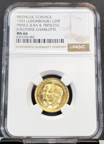 1953 LUXEMBOURG GOLD 20 FRANCS PRINCE JEAN & PRINCESS CHARLOTTE NGC MS 66 RARE