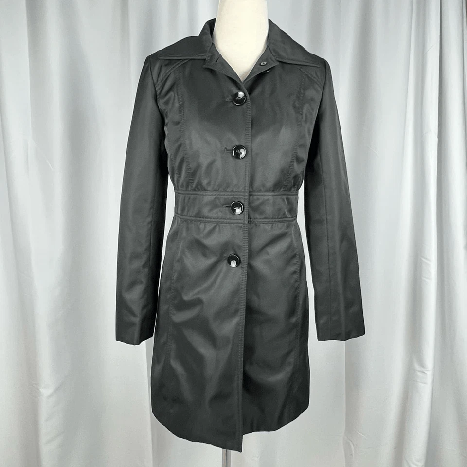 Kenneth Cole Reaction Trench Coat Womens XS Black Single Removable Lining - Image 2 of 4