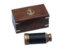 Nautical Solid Brass - Leather Scout's Spyglass Telescope 7" with Rosewood Box
