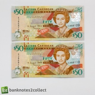 EAST CARIBBEAN: 2 x 50 East Caribbean Dollar Banknotes with Consecutive SNs