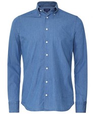 Men ETON Light Denim Oxford Cotton Dress Shirt Slim Fit Size 42 16.5 L