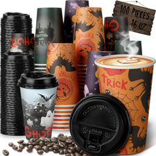 200 Pcs/100 Sets 16 Oz Halloween Disposable Coffee Cups with Lids 4 Styles Ghost