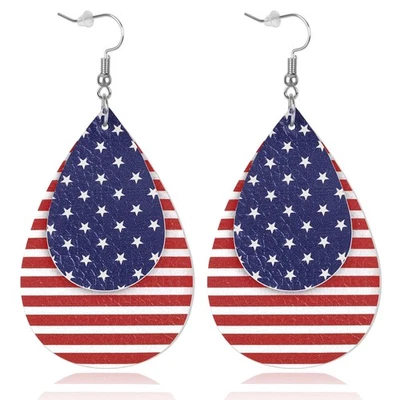 Fullive 4th of July Earrings, Leather Surface Patriotic Earring Stud, Teardrop - Image 1 of 4