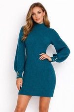 Fashion Nova Sweater Dress Teal Mock Neck Balloon Sleeve Button Pullover XS