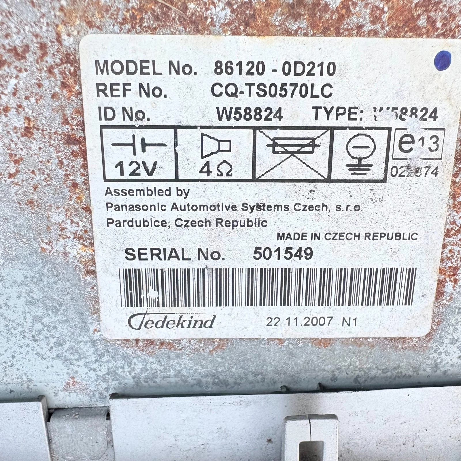 Toyota Yaris radio label 86120-0D210 CQ-TS0570LC W58824 Panasonic Czech
