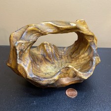 Small Burl Wood Carved Wood Basket Handmade Trinket Dish 6.5"x 4.5x4  Brutalist