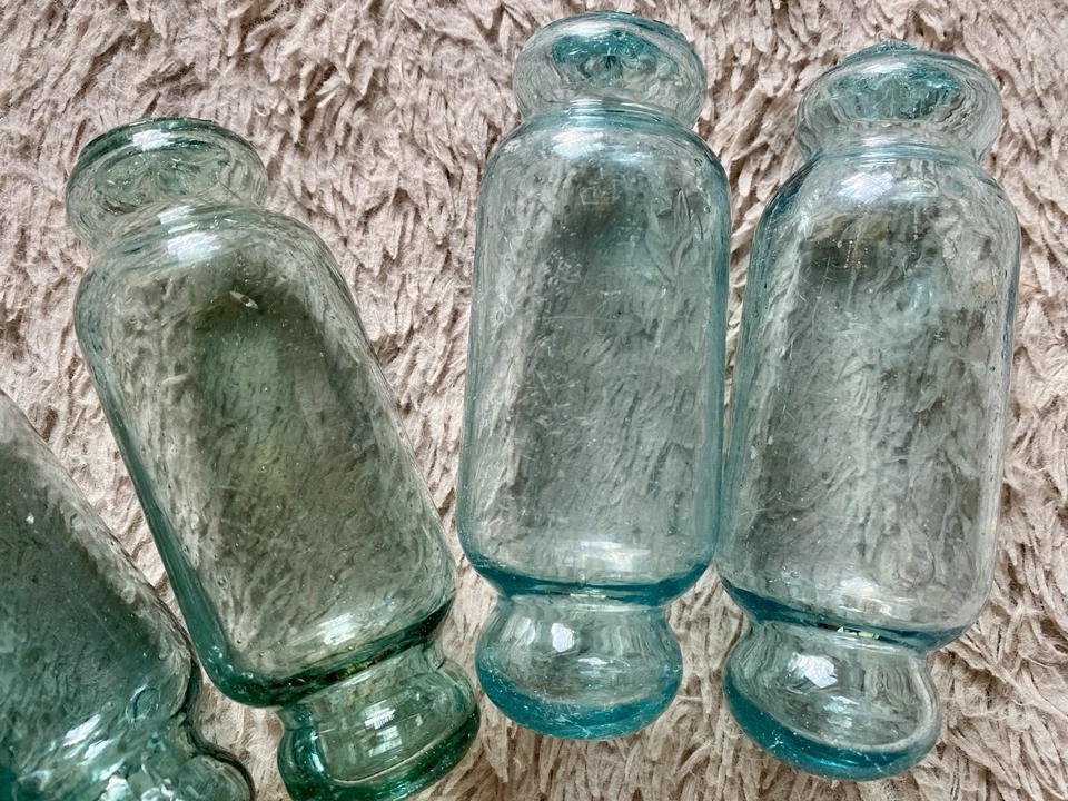 Raro Juego de 5 flotadores de vidrio japonés cilíndricos cortos 4,9 pulgadas azul aguamarina-verde Foto 3 de 4