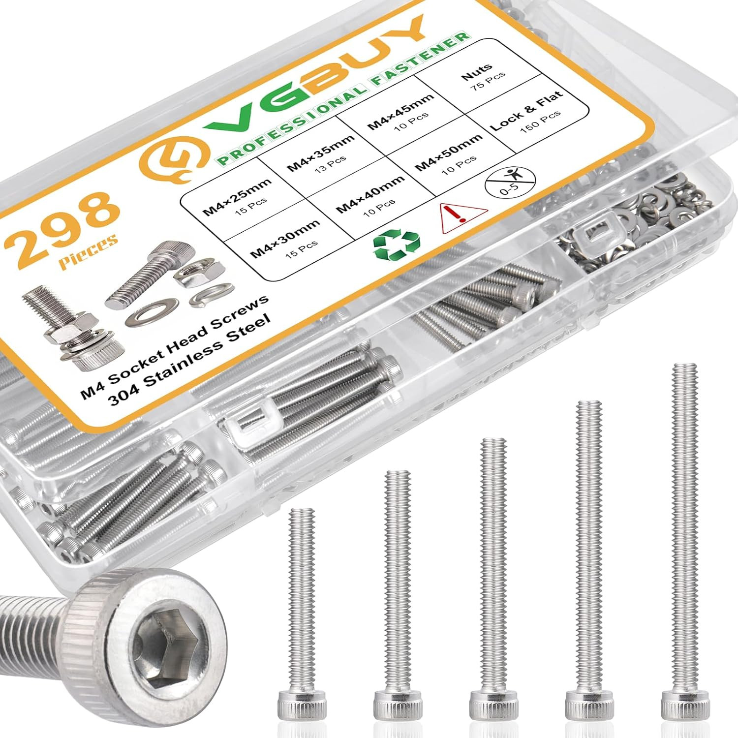 298pcs M4 Screws Assortment, x M4x25/30/35/40/45/50mm, silver