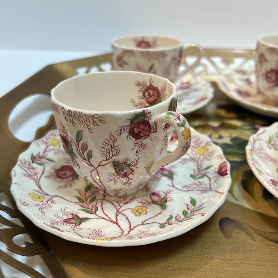 Copeland Spode Rosebud Chintz Demitasse Cups/Saucers Set Of 6 Red Transferware - Image 4 of 4