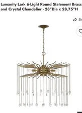 LUMANITY LARK 6 LIGHT ROUND STATEMENT BRASS AND CRYSTAL CHANDELIER -NEW/Open Box