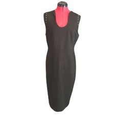 T Tahari Dress Women's Size 12 Elegant Black Midi Dress with Gold Stud Accents