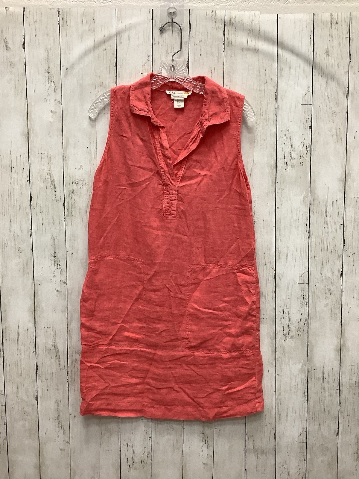C&C California Coral 100% Linen Sleeveless Notch Neck Shift Shirtdress Size 4