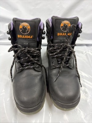 BRAHMA Women's Black Purple Work Boots Lace Up Steel Toe Synthetic Size 6 A6