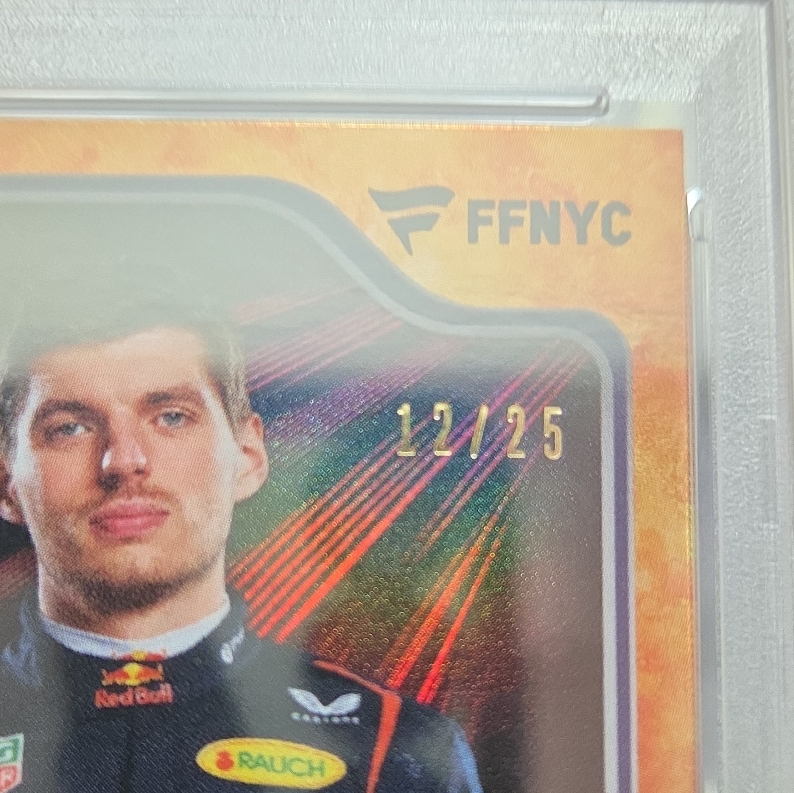 Topps 2025 F1 FFNYC Max Verstappen #17 NY Slice Orange 12/25 PSA 9 view 3