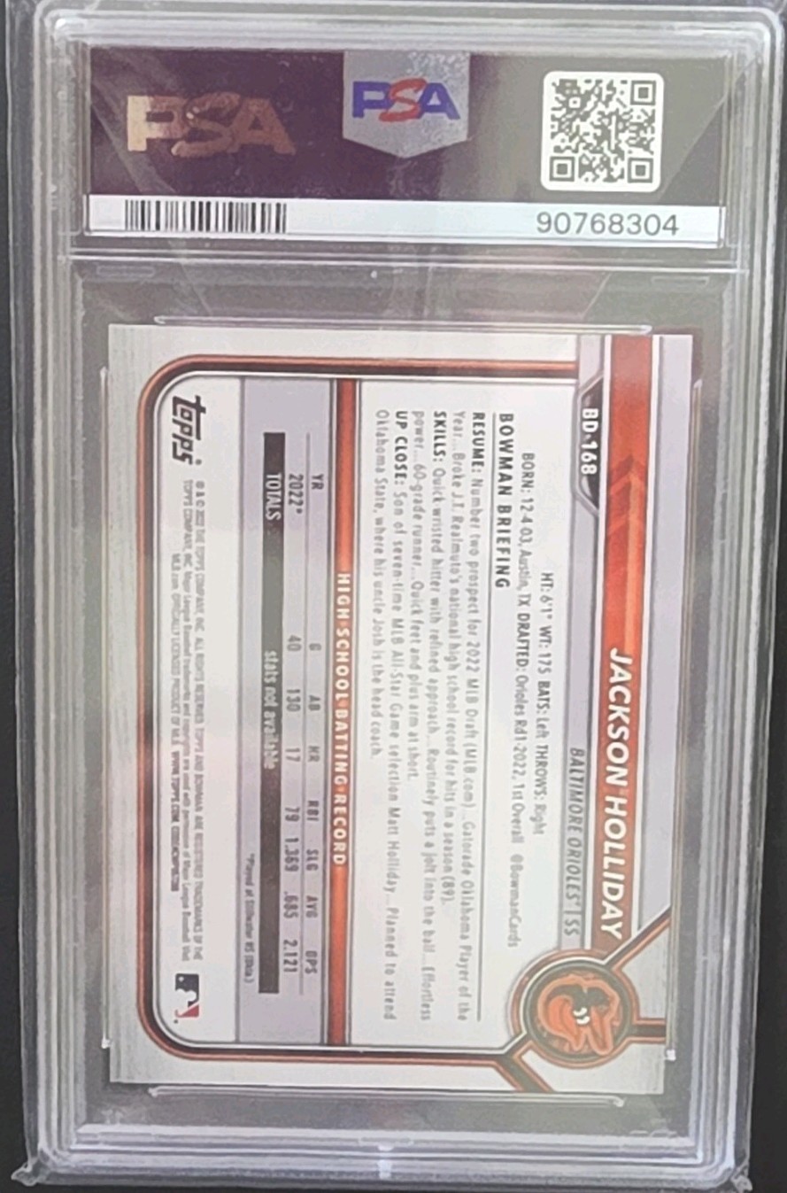 Topps 2022 Bowman Draft 1st Edition Jackson Holliday Orioles #BD-168 RC PSA 10 view 2