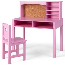 Kids Desk and Chair Set Study Writing Workstation w/ Bulletin Board Hutch Pink