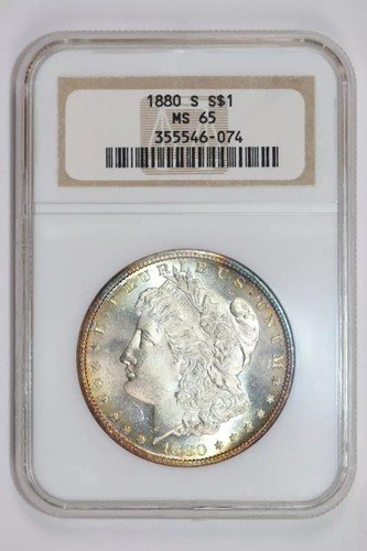 1880-S MORGAN DOLLAR NGC MS65 PRETTY COLOR, SEMI PL! OLDER HOLDER!