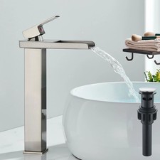 Brushed Nickel Tall Bathroom Vessel Faucet Single Handle Sink Mixer Tap w/ Drain