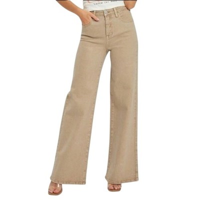 Risen Womens 9/29 Wide Leg Jeans High Rise Khaki Tan Stretch Denim Minimalist