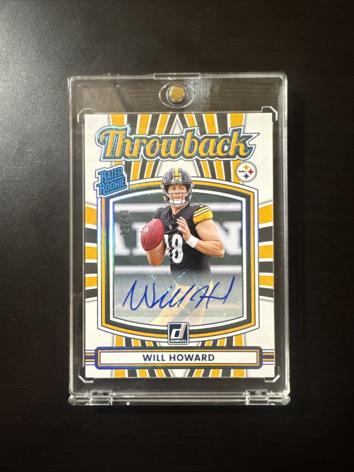 2025 Paninni Donruss # 30 Will Howard Rated Rookie Throwback Auto /49. Steelers.