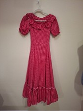 Vtg 70s Cotton Maxi Prairie Dress Floral Red Cottage Core Full Skirt Handmade XS