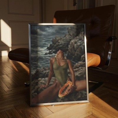 Moody Coastal Papaya Poster Ethereal Shoreline Wall Art Print Unframed