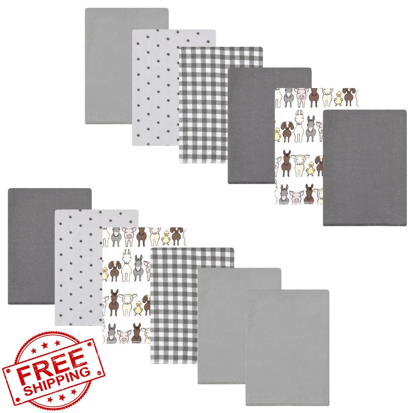 Luvable Friends Burp Cloths 12pk Farm Pals Gray