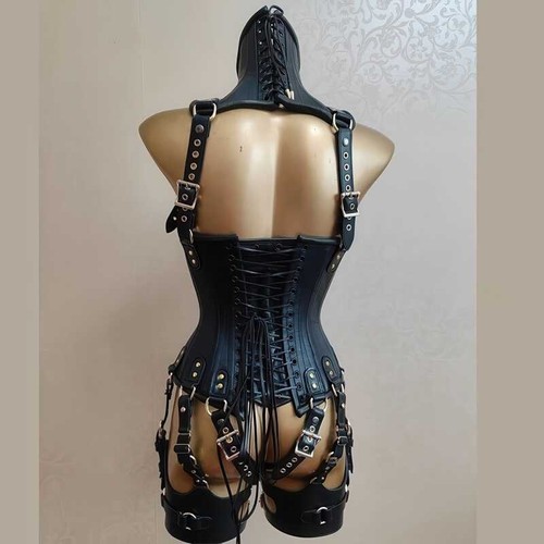Custom Leather Restraint Dress – Bondage Harness Corset Outfit with Garter Strap - Picture 5 of 5