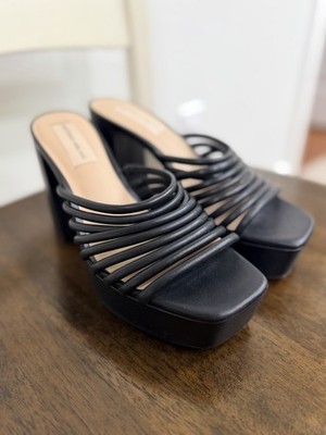 Antonio Melani Bree Tubular Leather Platform Sandals W Size 7M Black Block Heels
