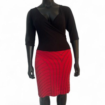 Anna Field Size 12-14 Dress Half Wrap Knee Length Black Red Split Sleeves EU40