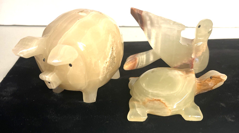 Vintage Hand Carved Onyx  Stone Sculptures Pig Turtle Dove