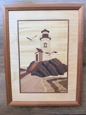 Hudson River Marquetry Wood Inlay Art Work Portland Head Lighthouse Maine Nelson