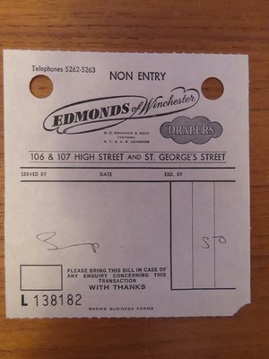 Vintage Edmonds of Winchester Drapers Shop Papier Quittung 60er Jahre. ''