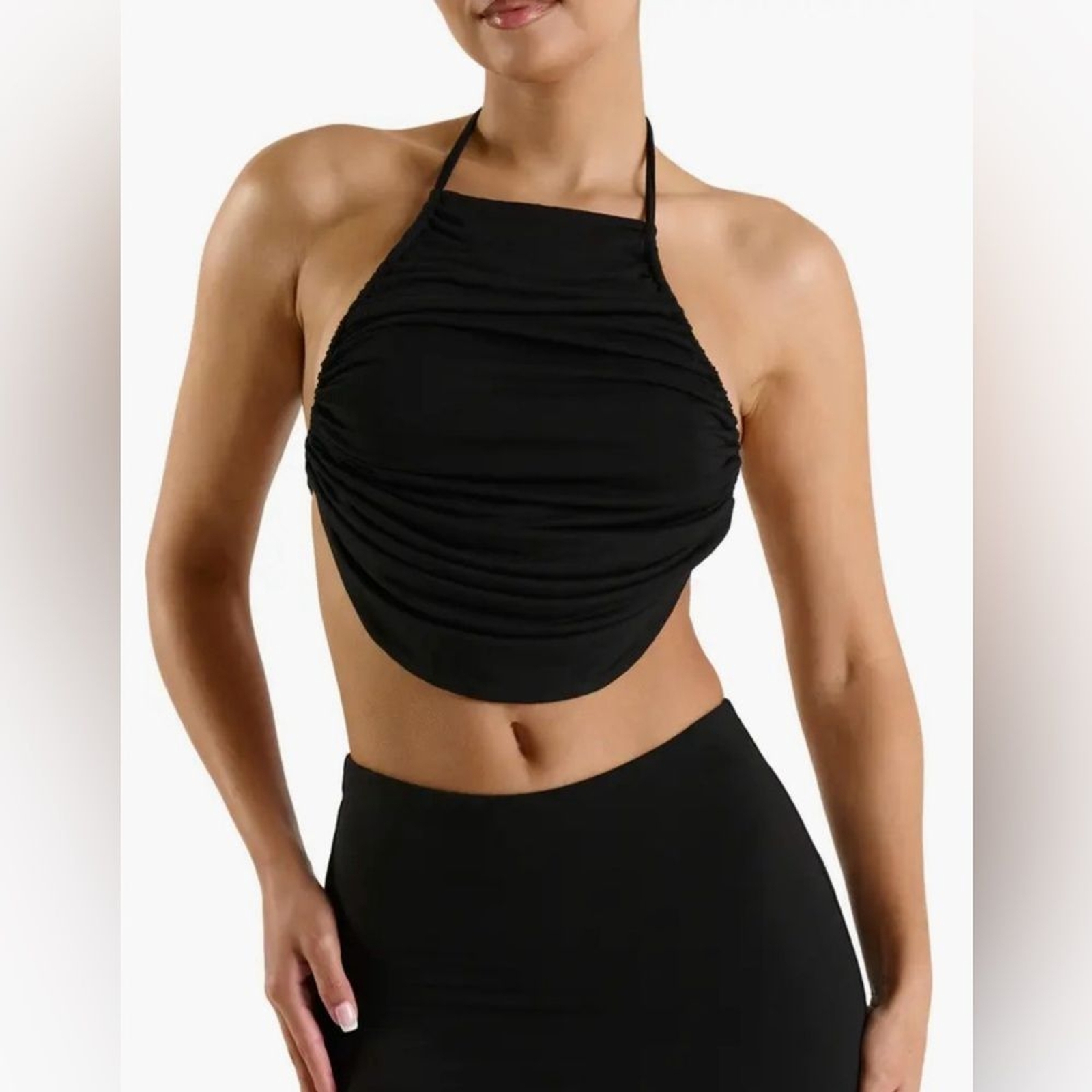 NAKED WARDROBE Shirred Halter Top Size XS Black Cropped Festival Y2K Summer 90s-image