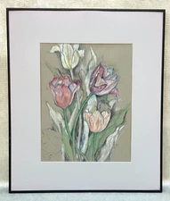 RONNIE CHALIF SIGNED ORIGINAL MIXED MEDIA FLOWERS DRAWING HAMPTONS NEW YORK CITY