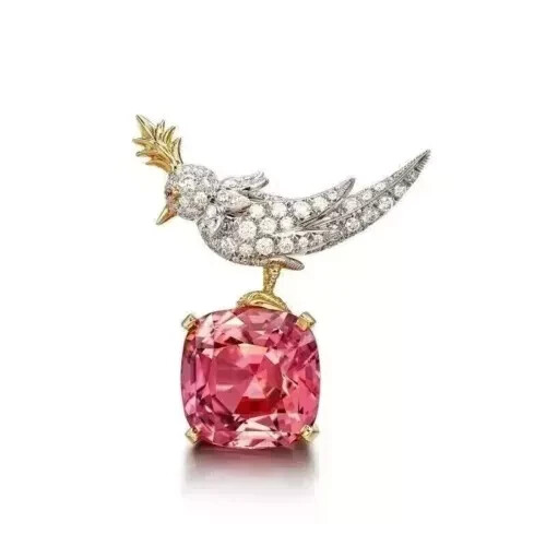 4Ct Cushion Cut Lab Created Pink Ruby Bird Brooch Pin 14k Yellow Gold Plated - Picture 1 of 4