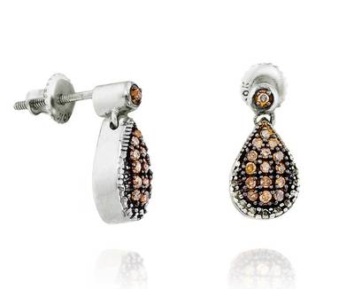 10K White Gold Chocolate Brown Diamond Earrings Teardrop Dangle Earrings .20ct