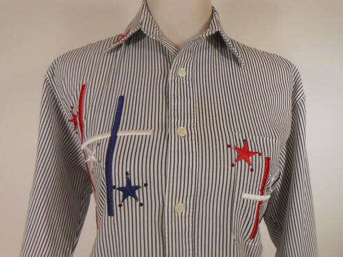 Beautiful Women's PP Mili Designs Blue Striped Patriotic Stars LS Button Blouse - Picture 2 of 5