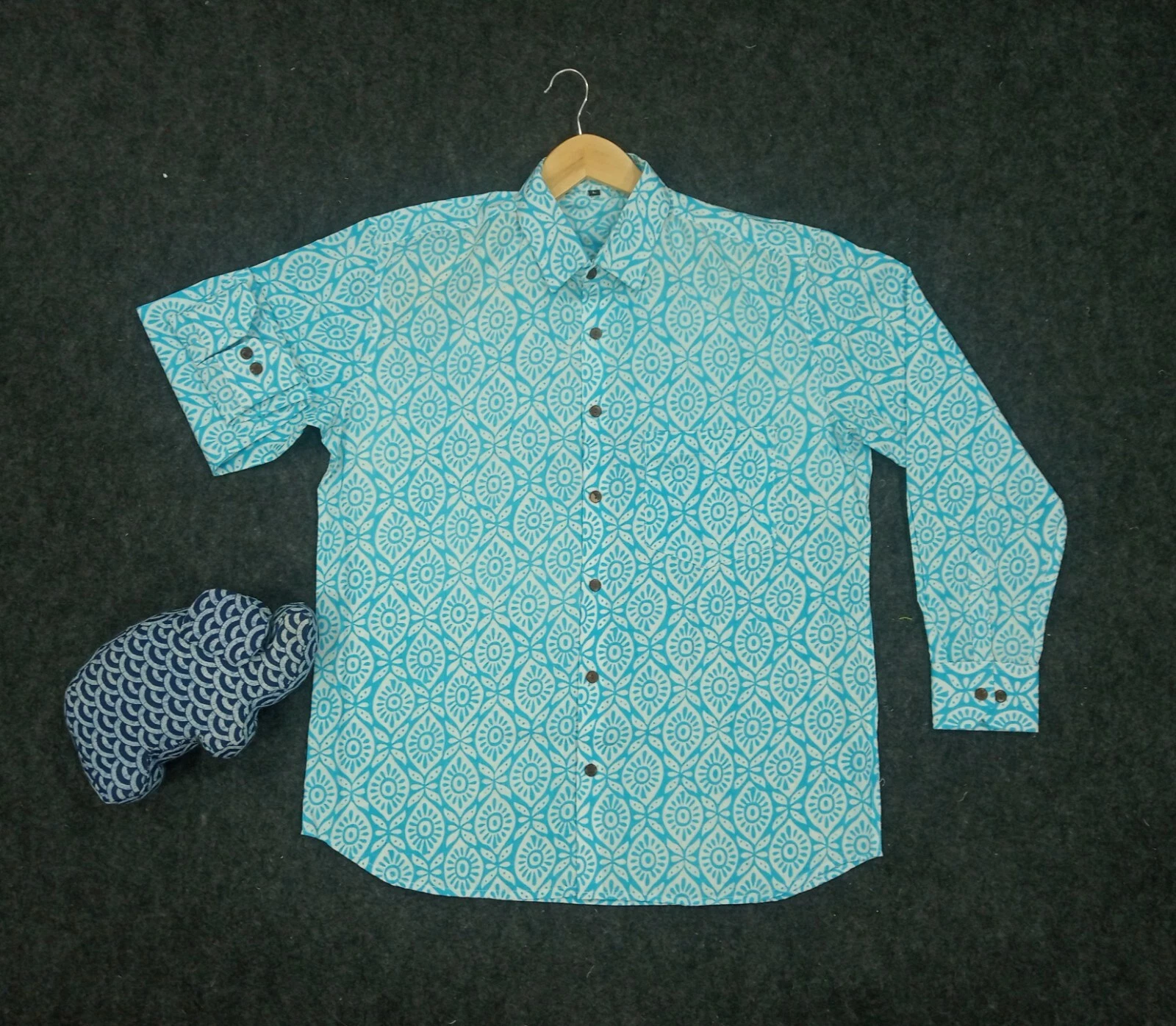 New Indian Handblock Floral Shirts Sky -Blue Floral Printed L Size Shirts AU