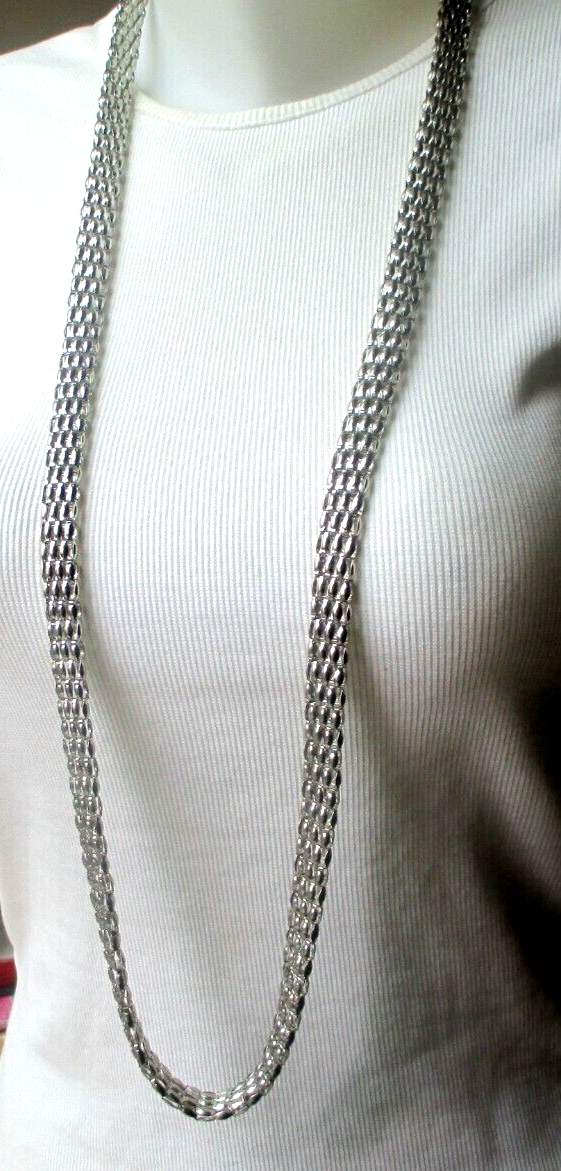 Grand Collier Sautoir Perles Argentées Avec Nœud Coulissant - Vintage - Parfait état