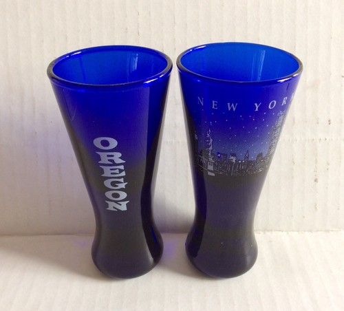 Lot (5) Cups : Anchor ⚓️, NEW YORK, LAS VEGAS, OREGON, Unknown Cobalt Blue Glass - Picture 5 of 11