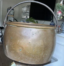 LRG Antique Solid Copper & Iron Cauldron Pot Kettle Hand Forged Fireplace 10x13