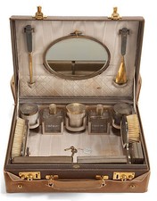 French Leather Cased Silver and Glass Cosmetic Set with Canvas Cover Circa 1920